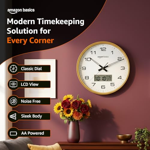 Image of Amazon Basics 12.5 Inch Large Analog Digital Wall Clock with LCD Display | Day Date Month Temperature | Silent Sweep Quartz Movement | Clear Bold Numbers | Dual Battery Operated (White)