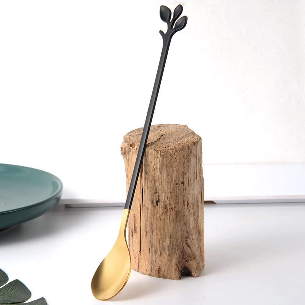 AnSaw 6 cucharillas elegantes de hoja negra y dorada con mango largo, cucharas de acero inoxidable de 7.4 pulgadas para café y té, perfectas para mezclar y remover