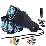 Colorful Guitar Strap Jacquard Ribbon Leather End Woven Strap Adjusted Length for Electric Bass,Acoustic&Electric Guitar - With (Random Color)2 Guitar Picks&2 Strap Locks&1 Strap Hook Button