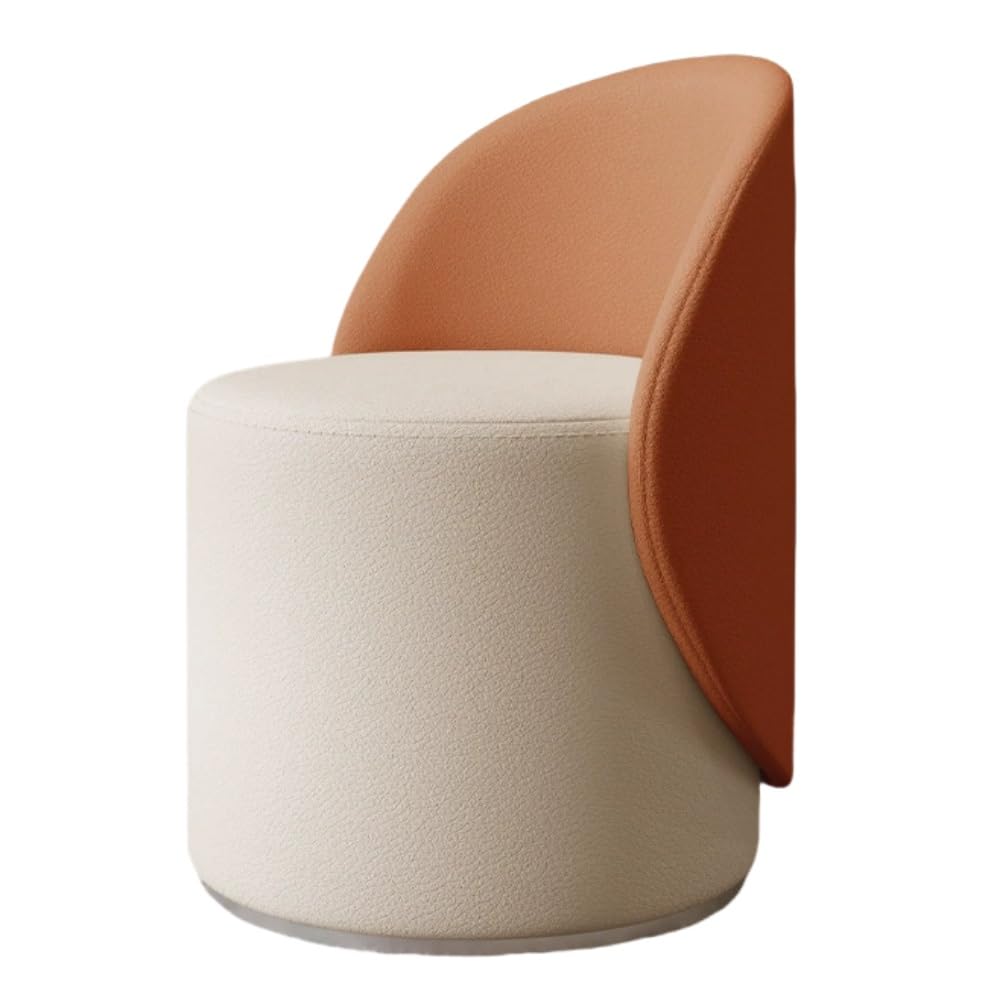 360° Swivel Leather Ottoman, Round Vanity Chair with Backrest, Modern Barrel Upholstered Dressing Table Stool, Small Accent Ottoman for Bedroom Makeup