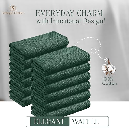 Image of Forest Green Kitchen Dish Towels Set of 12-100% Cotton Waffle Weave, Super Absorbent, Soft, Quick Drying, 16x26 Inches, Ideal for Cleaning, Bar, Tea, and Everyday Use, Olive Green