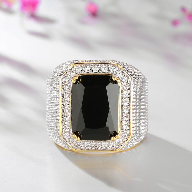 Men's Gold Rings Diamond Ring Black Onyx Ring for Men Jewelry Mens Wedding Engagement Rings 18K Gold Plated Black Gemstone Ring Square Cut Cubic Zirconia Eternity Ring Band( Black 8)