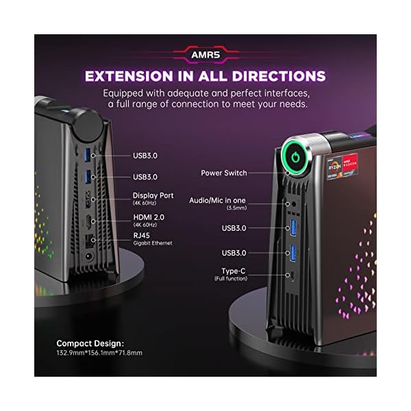 ACEMAGICIAN Mini Gaming PC AMD Ryzen 7 5700U(up to 4.30Ghz), 32GB DDR4(Dual Channel) 512GB NVMe SSD Mini Computers, 4K-Triple-Screen/WiFi6/BT5.2/RGB Lights/3 Modes Mini Desktop Pc for Gamer - Image 5