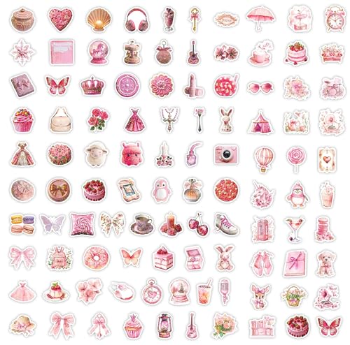 Image of 100 PCS Coquette Stickers Pink Aesthetic Stickers Pack, Holographic Thickened Vinyl Cute Stuff Water Bottle Sticker for Girls| Easier to Peel Off| Scratch & Fade Resistant| No Curling| Reusable