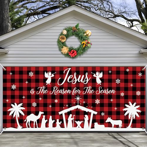Christmas Nativity Garage Door Cover 6 x 13 ft Large Holy Nativity Scene Garage Banner Mural Jesus is The Reason for The Season Red Buffalo Plaid Garages Backdrop for Holy Christmas Outdoor Decor