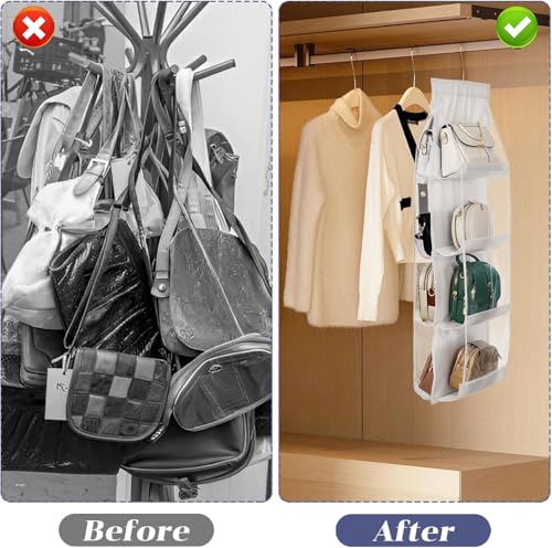 Grillix 2 Stück Handtaschen Aufbewahrung, Faltbarer Schrank Hängender Organizer, Handtaschen Organizer Mit 8 Transparenten Kunststofffächern und Stabilen Kleiderhaken(Weiß)