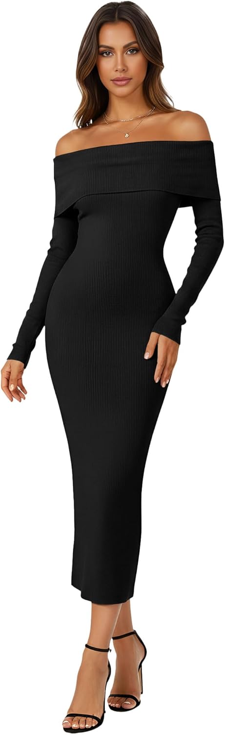 Simlakey Women's Off Shoulder Bodycon Sweater Dress Long Sleeve Fall Maxi Dress Elegant Cocktail Party Long Dresses