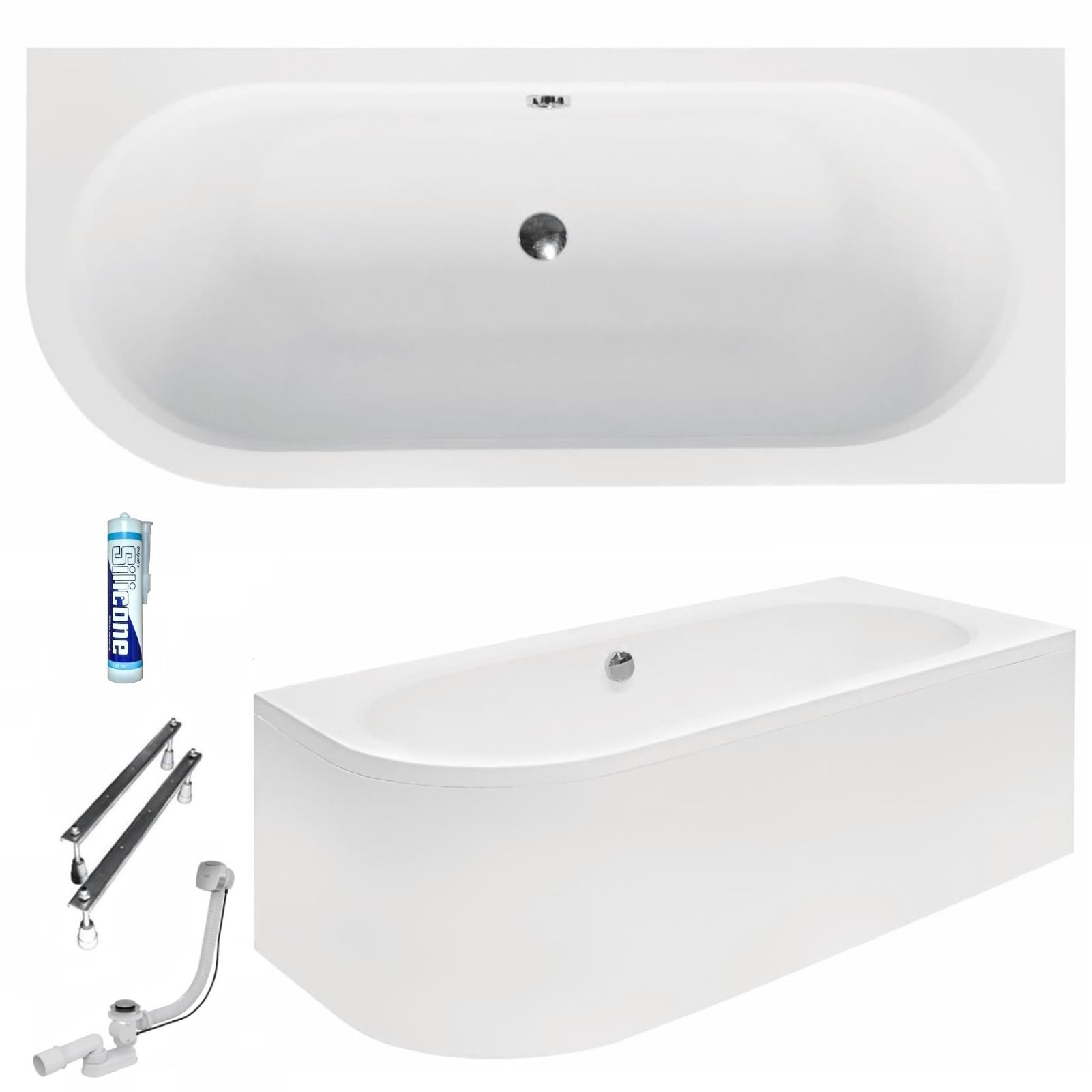 ECOLAM® Badewanne Avita 180x80 cm Schürze | Wanne für Zwei Personen | Eckwanne Modern Design | Eckbadewanne RECHTS + Ablaufgarnitur Ab- und Überlauf Automatik Füße + Silikon Komplett-Set Acryl weiß