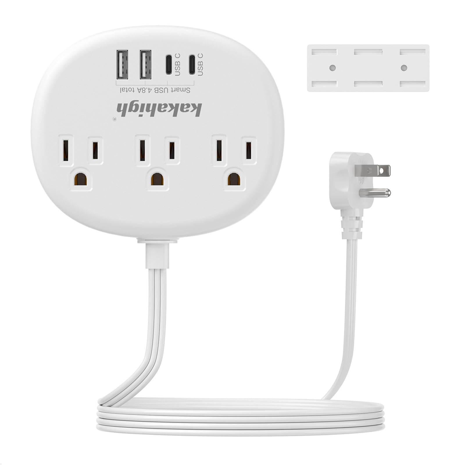 Power Outlet Relocator with Adhesive- 5 FT, 1625W Wall Mounted Extension Cord with 3 AC Outlet 4 USB (24W/4.8A), Peel and Stick Outlet for Easy Access