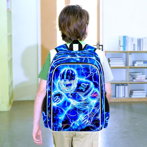 Image of 17 inch Football Backpack for Boy, 3Pcs Lightning Bookbag for Elementary Preschool Kindergarten, Kids School Backpacks with Lunch Box (Blue)