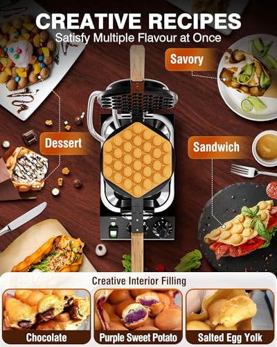 Image of PYY Bubble Waffle Maker - 1500W Commercial Egg Puff Waffle Iron, 122-482℉ Electric Stainless Steel, 180 Rotating, Non-Stick Coating, Wooden Handle & Crumb Tray, Hong Kong Round Cones