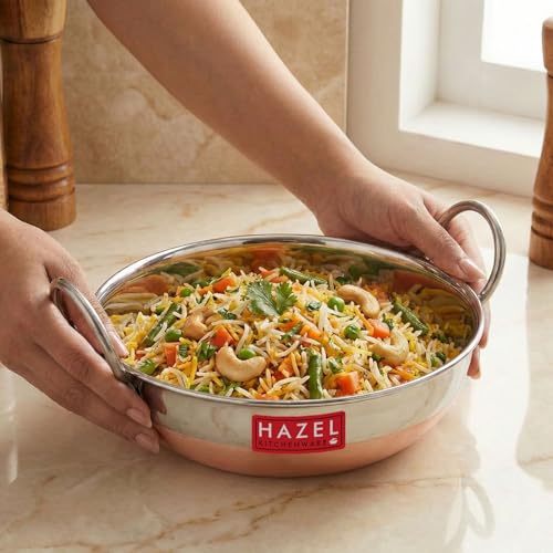 Image of HAZEL Stainless Steel Copper Bottom Kadhai with Glossy Finish, 1000 ml | Heavy Duty Steel Cooking Vessel | Deep Frying Pan Utensil for Kitchen