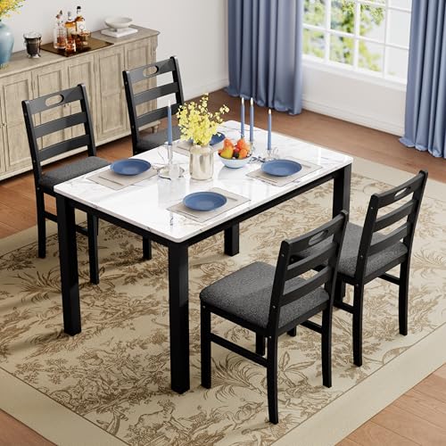PHI VILLA Solid Wood Dining Table Set for 4, Marble