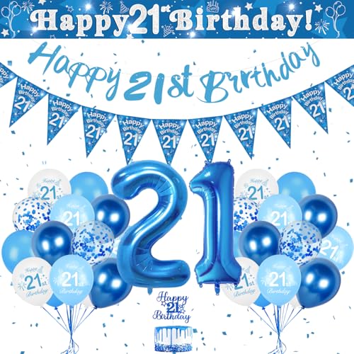 Decoração de aniversário 21 anos, balões 21 aniversário branco, festa decoração azul, festa de aniversário decoração bandeira, balão número gigante 21