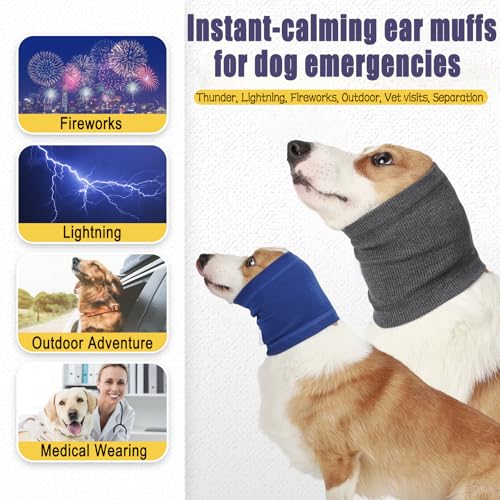 Image of Meifsou Dog Calming Head Wrap, No Shake Quiet Ears for Dogs Anxiety Relief, Original Ear Covers Pet Calming Hoodie for Thunder, Lightning, Fireworks, Vet Visits, High Stretch Ribbed Fabric, Blue S