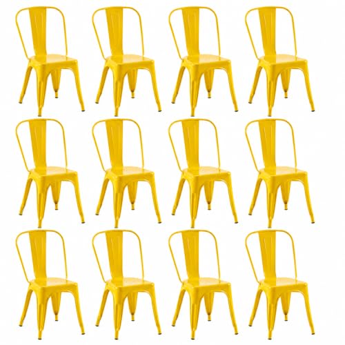 Image of Metal Dining Chairs with Backrest, Stackable, Yellow, 12 Pack | Easy Assembly, Non-Slip Feet, 330 lb Capacity, Kitchen, Restaurant, Cafe, Pub, Covered Patio