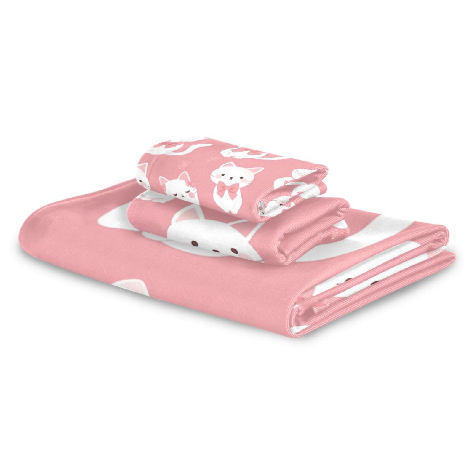 Set di 3 asciugamani per il viso con gatti bianchi carini rosa dalla testa ai piedi, 1 asciugamano da bagno, 1 asciugamano per le mani, 1 panno per il bagno e la cucina