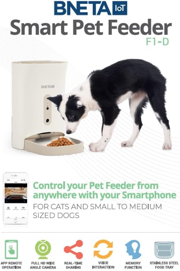 BNETA IoT Smart Pet Feeder F1-D with a dog, highlighting key features