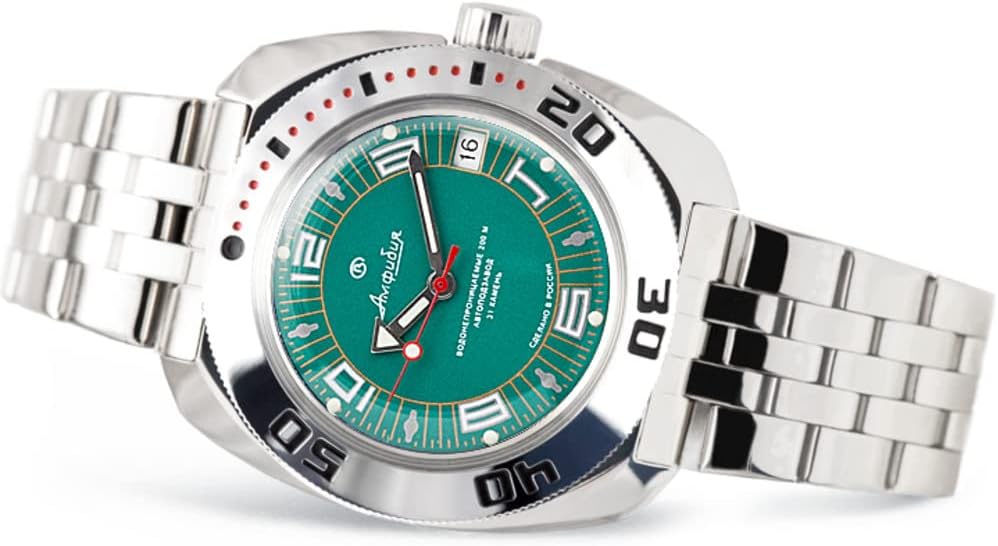 | Classic Amphibian Automatic Self-Winding Russian Diver Wrist Watch | WR 200 m | Fashion | Business | Casual Men's Watches | Model 710405 Steel Bracelet, 710405-St