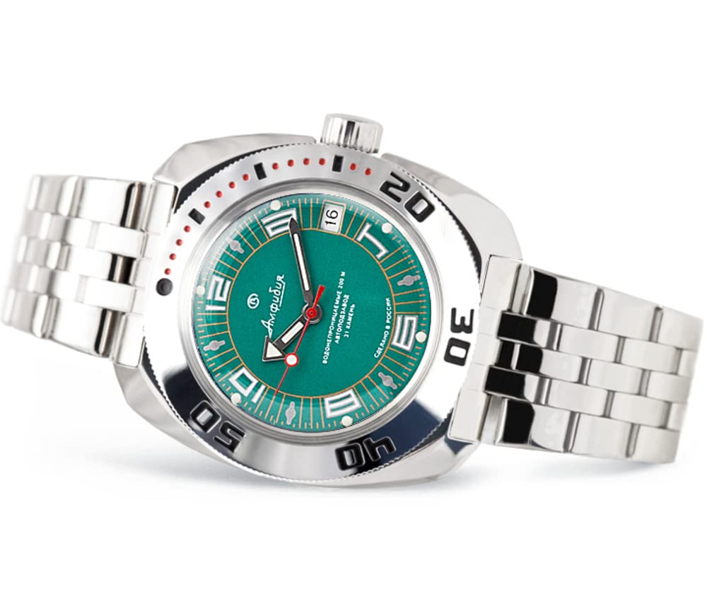 Vostok| Classic Amphibian Automatic Self-Winding Russian Diver Wrist Watch | WR 200 m | Fashion | Business | Casual Men's Watches | Model 710405 Steel Bracelet, 710405-St