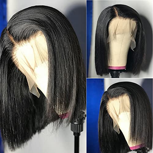 Arabella 10inch Short Bob Wigs Human Hair 180% Density Lace Front Wigs Human Hair 13X5X2 Straight Bob Wigs Human Hair Pre Plucked with Elastic Bands Natural Hairline with Baby Hair (10inch, 180% T bob)