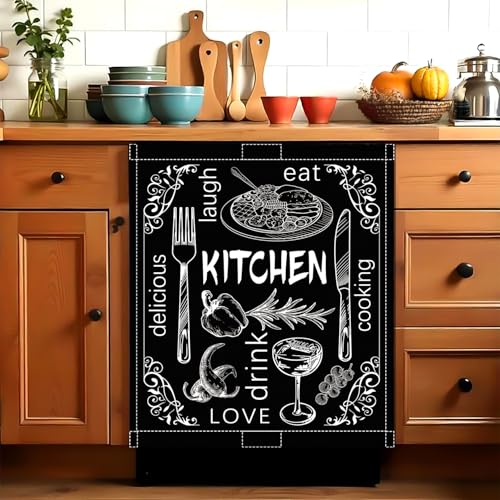 Image of Black Dishwasher Magnet Cover, 23x26 in Summer Decor Dishwasher Magnet Covers Kitchen Decoration Dish Washer Magnets Sticker Funny Fridge Magnets Panel Decal Magnetic Covers