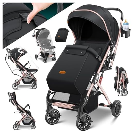 KIDIZ® Passeggino pieghevole per bambini, passeggino sportivo, pieghevole, con ruote a 360°, cinghia a 5 punti, con sacco a piedi, supporto per bevande, copertura antipioggia e zanzariera, schienale