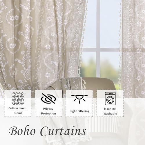 Image of Schweek Tan Beige 63 Inches Long Boho Tassels Curtains 2 Panels for Bedroom