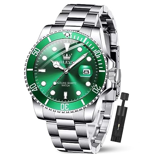 Mens Stainless Steel Watch,Big Dial Calendar Watches, Waterproof Quartz Analog Sport Wrist Watch,Green Face Watch Men with Date,Fashion Casual Business Wristwatch,Luxury Luminous Watches for Men