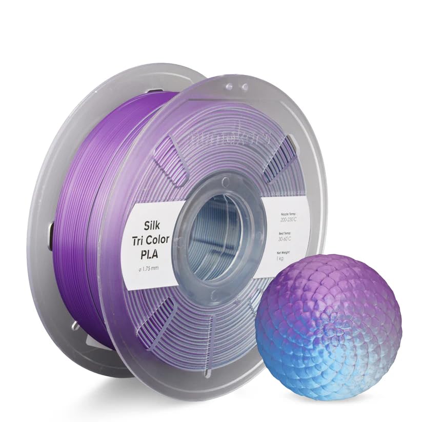 Image of Numakers Tri-Color Silk PLA Filament 1.75mm 1kg | Premium Glossy PLA for 3D Printing | Smooth Shine Vibrant Triple Tone Color Shifts | Easy to Print High Detail Finish (Silver-Purple-Blue)