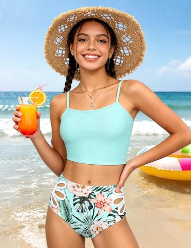 Image of Girls Tankini Swimsuit 2 Piece Bathing Suit Twist Cross Back Cutout Swim Tank Top Floral Print Swimwear for 7-18Y