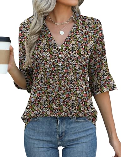 Rapbin Womens 3/4 Length Sleeve Blouses Ruffle Cuffs V Neck Button Down Shirts Dressy Flowy Tunic Tops3
