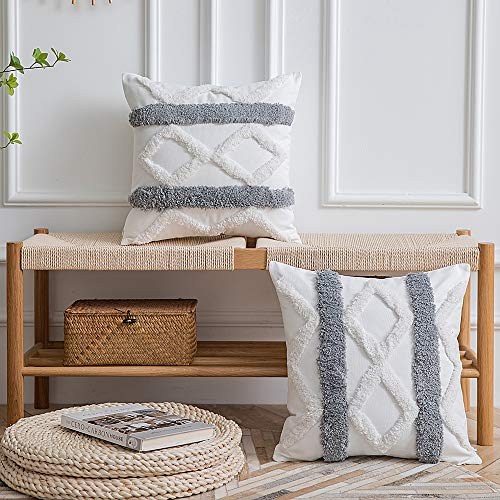DEZENE Boho Throw Pillow Covers: 2 Pack 100% Cotton Woven Tufted Decorative Square Pillowcases for Couch Sofa Bed, Accent Cushion Covers for Farmhouse, Kids, 18 x 18 Inch