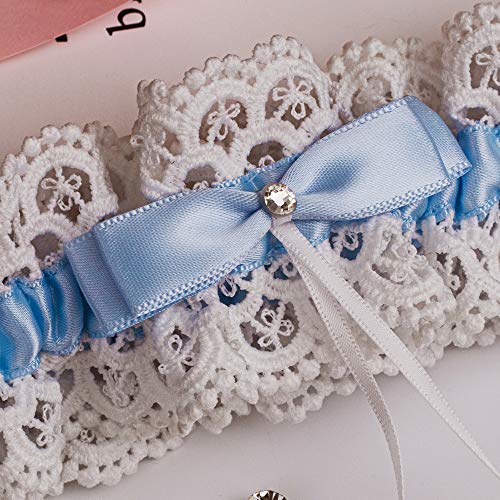 Yanstar Wedding Bridal Garter Set White Navy Lace For Bridal Accessories Rhinestone Garter Lace (One Size, Light Blue) #TOP5