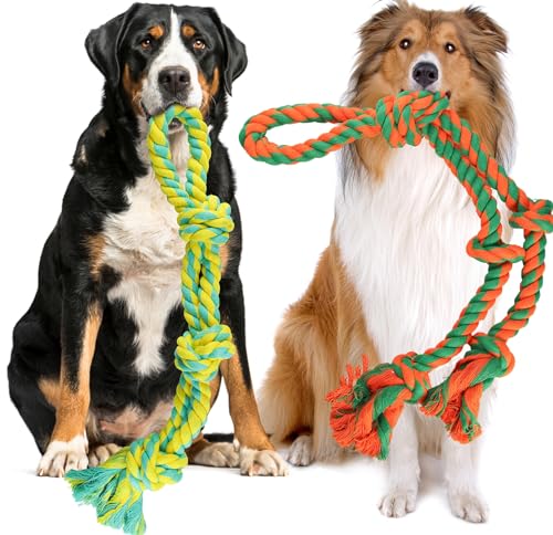 Hundeseilspielzeug für große und mittelgroße Aggressive Kauer, 2 nahezu unzerstörbare Hundekauspielzeuge, Robustes Hundespielzeugseil für große Rassen, 100% natürliche Baumwolle zur Zahnreinigung
