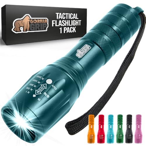 GORILLA GRIP Powerful LED Tactical Flashlight, 750 FT High Lumens 5 Adjustable Modes, Water Resistant, Ultra Bright Zoom Flashlights, Small Mini Flash Light, Camping, Night Dog Walking, Teal Blue