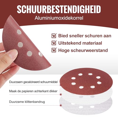 WORKPRO Schuurschijven 150 stuks, 125 mm schuurschijven met 8 gaten, korrel 60, 80, 100, 120, 150,180, 240, 320, 400, 600 voor polijsten, verwijderen, afwerking - Afbeelding 5