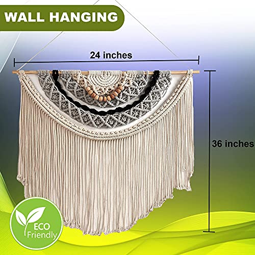 Natural Tricolor Half Circle Wfringe Macrame Wall Hanging Free Spirit Decor Woven Tapestry Cream Beige Bohemian Tassel Wall Hanging Art Cotton Rope Woven Large Room Decor Curtain #TOP5