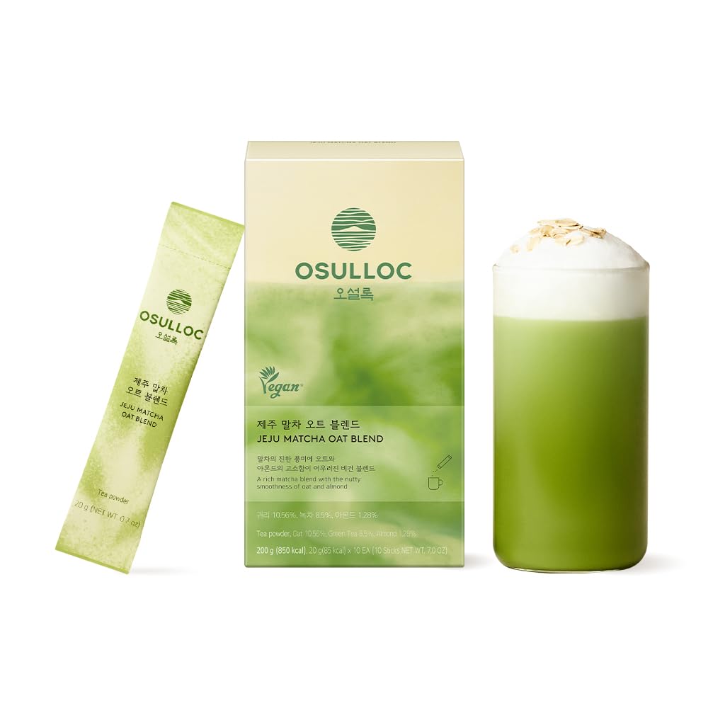OSULLOC Jeju Matcha Oat Blend (7oz X 10 Packets), Vegan Dairy‑Free, Plant‑Based Instant Matcha Drink Powder, Lightly Sweetened