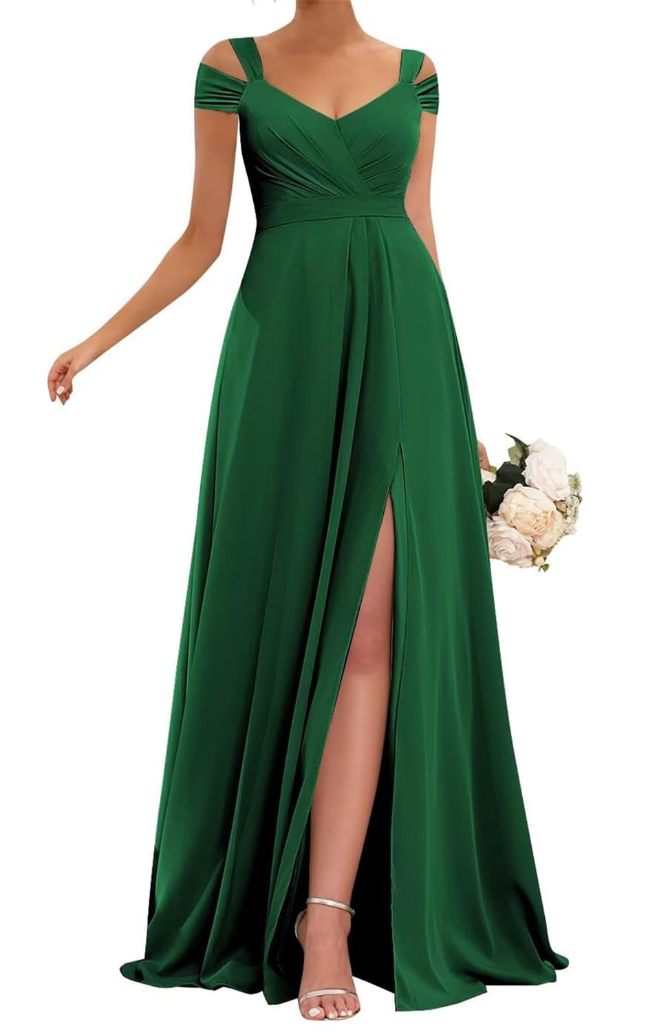 Kurface Women's Emerald Green Cold Shoulder Bridesmaid Dresses For With Slit Chiffon A Line Formal Party Gown Uk14
