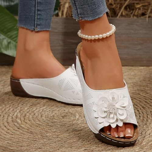 Chic Flowers Orthopedic Sandals for Women,Orthopedic Wedge Sandals for Women Arch Support Fish Mouth Open Toe Leather Slippers,Leather Floral Breathable Slide Sandals,Wedge Platform Shoes4