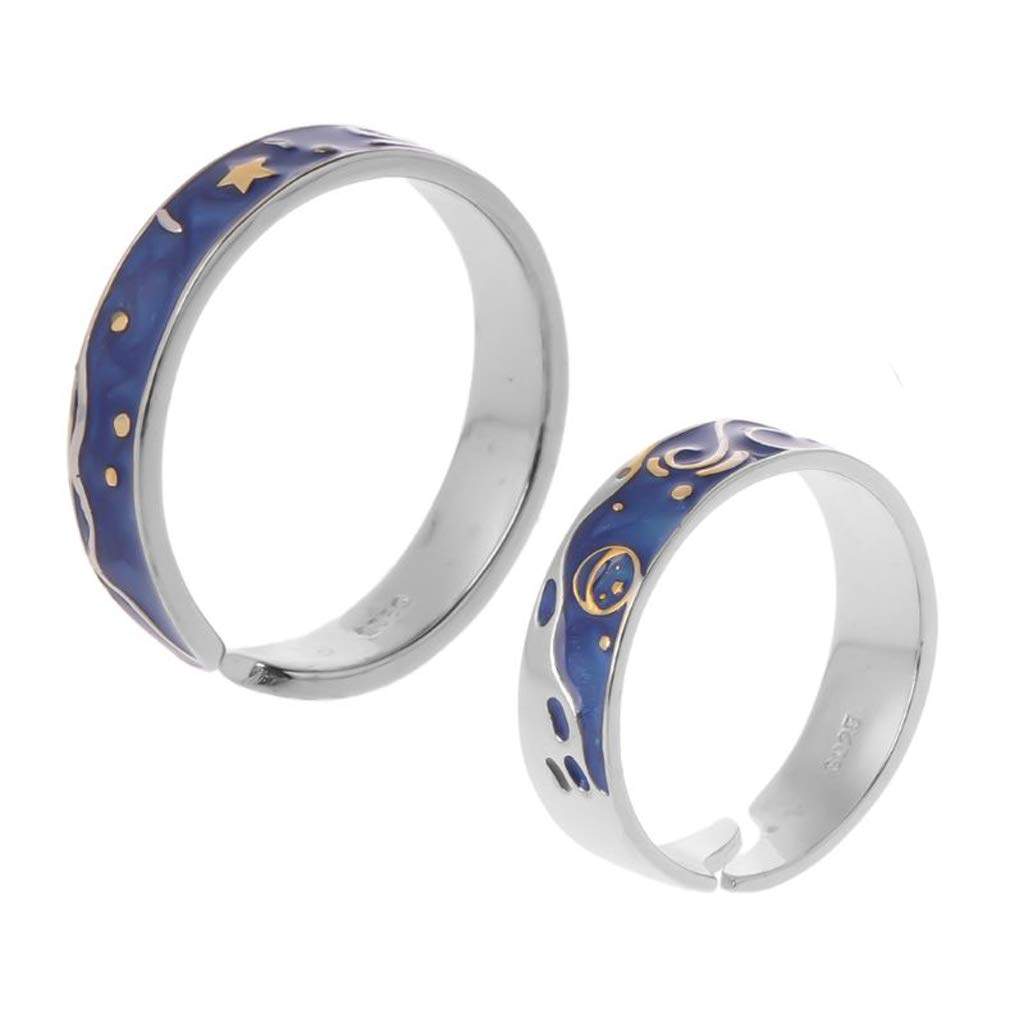 chenpaifchenpaif Ring Jewelry,2Pcs S925 Silver Plated Van Gogh Blue Starry Sky Open Lover Rings Band Jewelry
