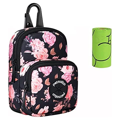 Petmolico Dog Poop Bag Holder Treat Pouch for Dog Leash, Dog Waste Bag Dispenser Treats Storage Holder Training Pouch with Clip, Pink Rose Cover