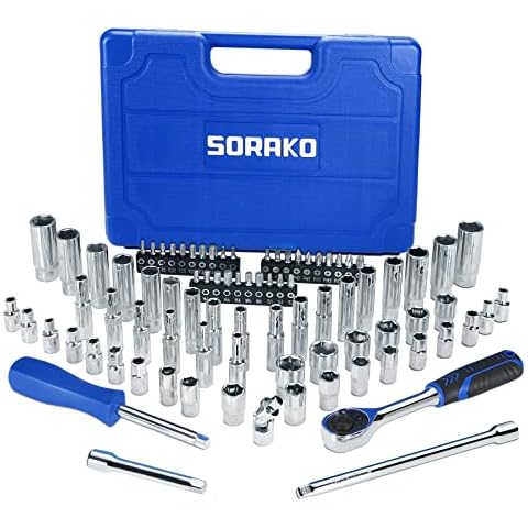 SORAKO 87-Piece Drive Socket Wrench Set, 1/4-Inch Drive, Chrome Vanadium Steel, Includes 72 Tooth Ratchet, Sockets, Case Cover