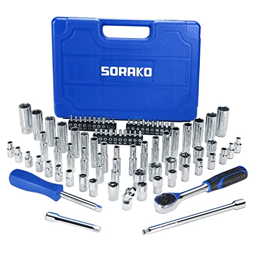 SORAKO 87-Piece Drive Socket Wrench Set, 1/4-Inch Drive, Chrome Vanadium Steel, Includes 72 Tooth Ratchet, Sockets, Case