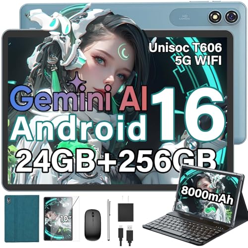 Image of 2026 Android 16 Tablet with Keyboard, 10 inch Tablet with 24GB+256GB+2TB Expand, Gemini AI Tablet PC with 8-Core, 5G WiFi, 8000mAh, GMS, GPS, 2-in-1 Tablet with Case, Mouse, Stylus(Green case)