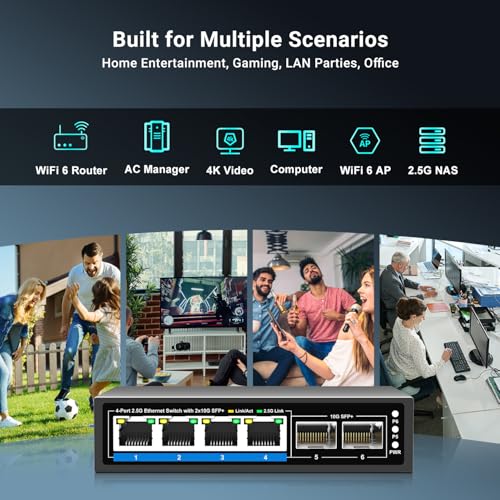 Image of GiGaPlus 6 Ports 2.5Gb Unmanaged Ethernet Switch with 4* 2.5G Base-T Ports, 2* 10G SFP+ Ports. 2.5Gbps Network Switch for 2.5Gbps NAS /PC, WiFi6 Router, Wireless AP. Fanless Design, Plug and Play