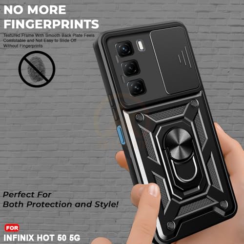 Image of Armor Bumper Back Cover Case for Infinix Hot 50 5G Rotating Camera Cover, Ring Holder & Kickstand | Heavy Duty & 360 Degree Protection Infinix Hot 50 5G Back Cover (Black)