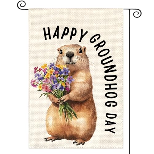 Image of AVOIN colorlife Happy Groundhog Day Garden Flag 12x18 Inch Double Sided Outside, Punxsutawney Phil Spring Seasonal Yard Outdoor Decoration
