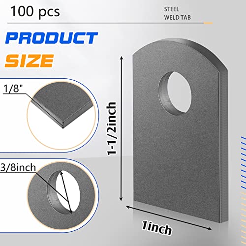 Image of Dunzy 100 Pcs Steel Weld Tabs 1 inch W, 1 1 /2 inch H, 3 /8 inch Hole, 1 /8 inch Universal Shock Mount Thick Flat Tab Brackets Gussets Weld on Light Tabs Mild Steel for Easy Welding